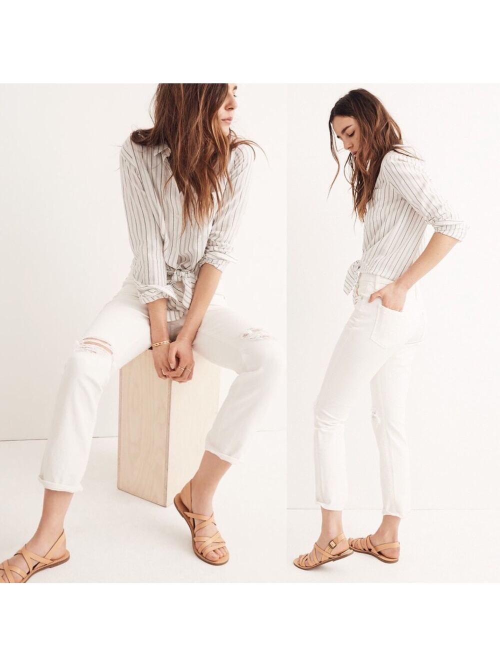 Madewell Jeans Womens 27 Tile White High Rise Slim Boyjean Distressed Summer